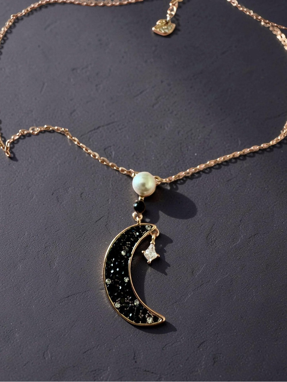 Rose gold Moon Pendant Necklace with Black Inlay and Pearl Accent